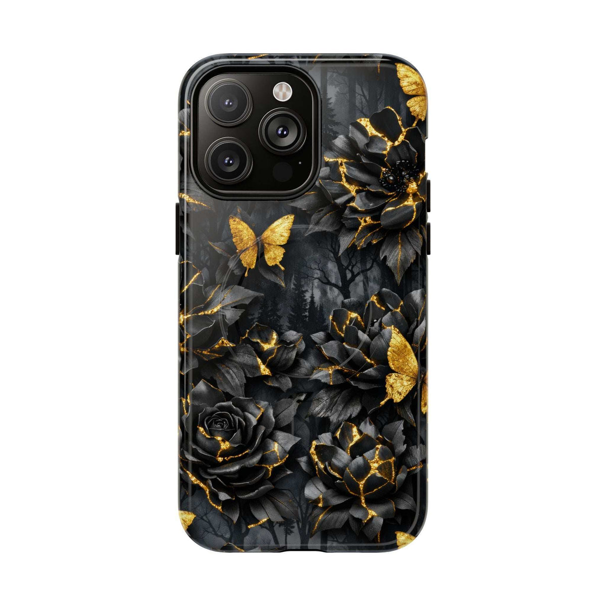 Phone case with dark floral roses and butterflies, gold crackle kintsugi design, camera lenses