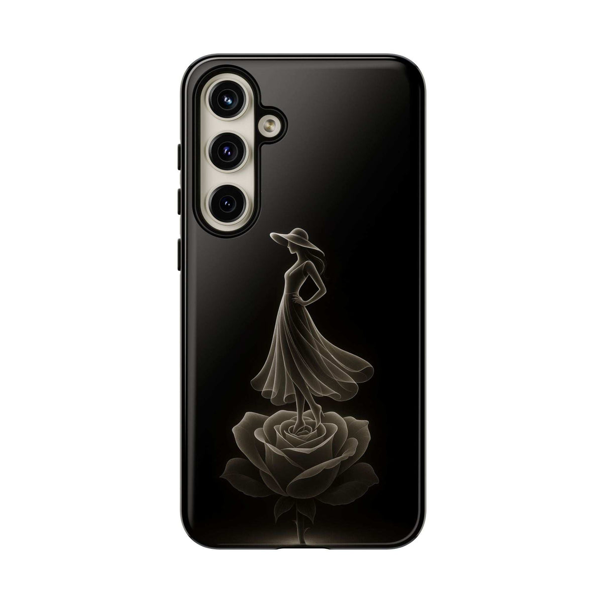 Glossy black phone case with ballerina and rose line art, sleek back panel