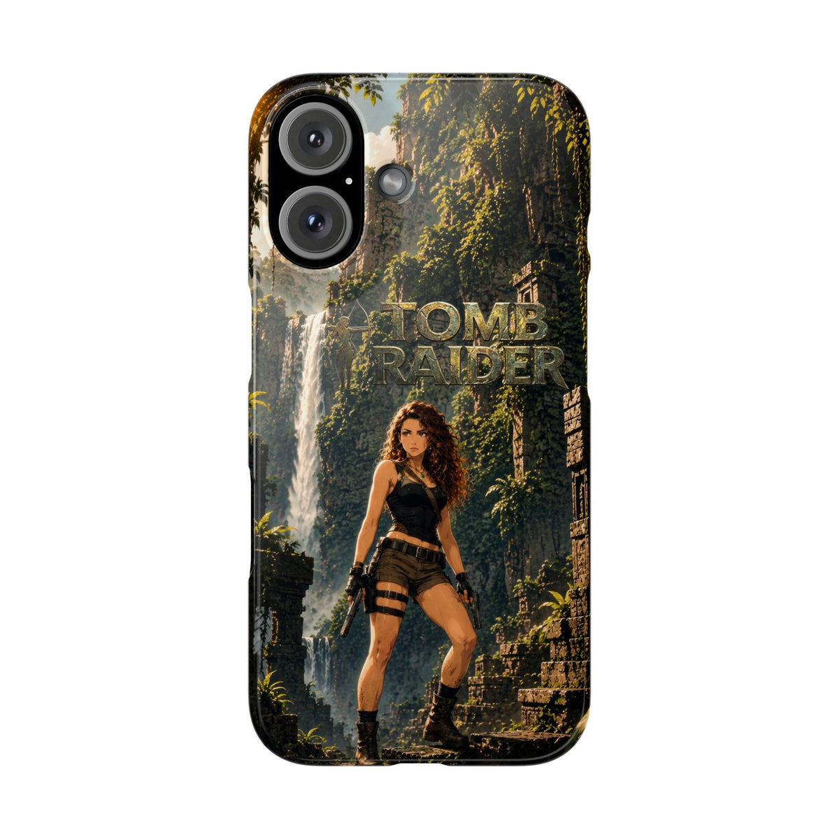 Tomb Raider phone case, dark back with character artwork and logo, camera openings visible