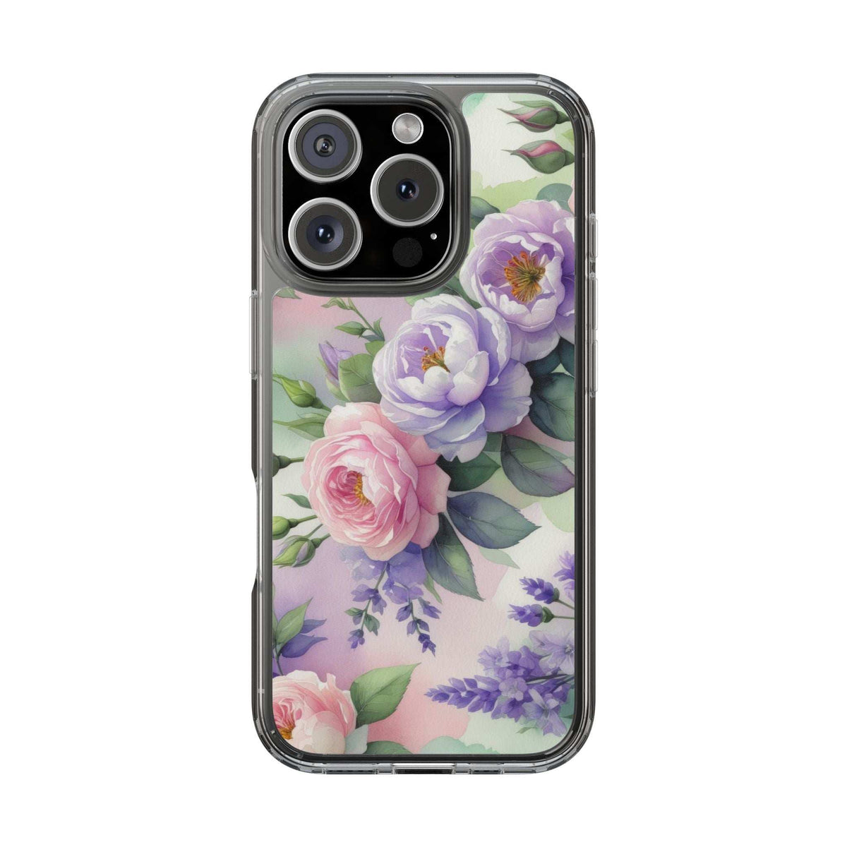 Clear floral phone case showing pastel lavender and pink roses with camera cutouts