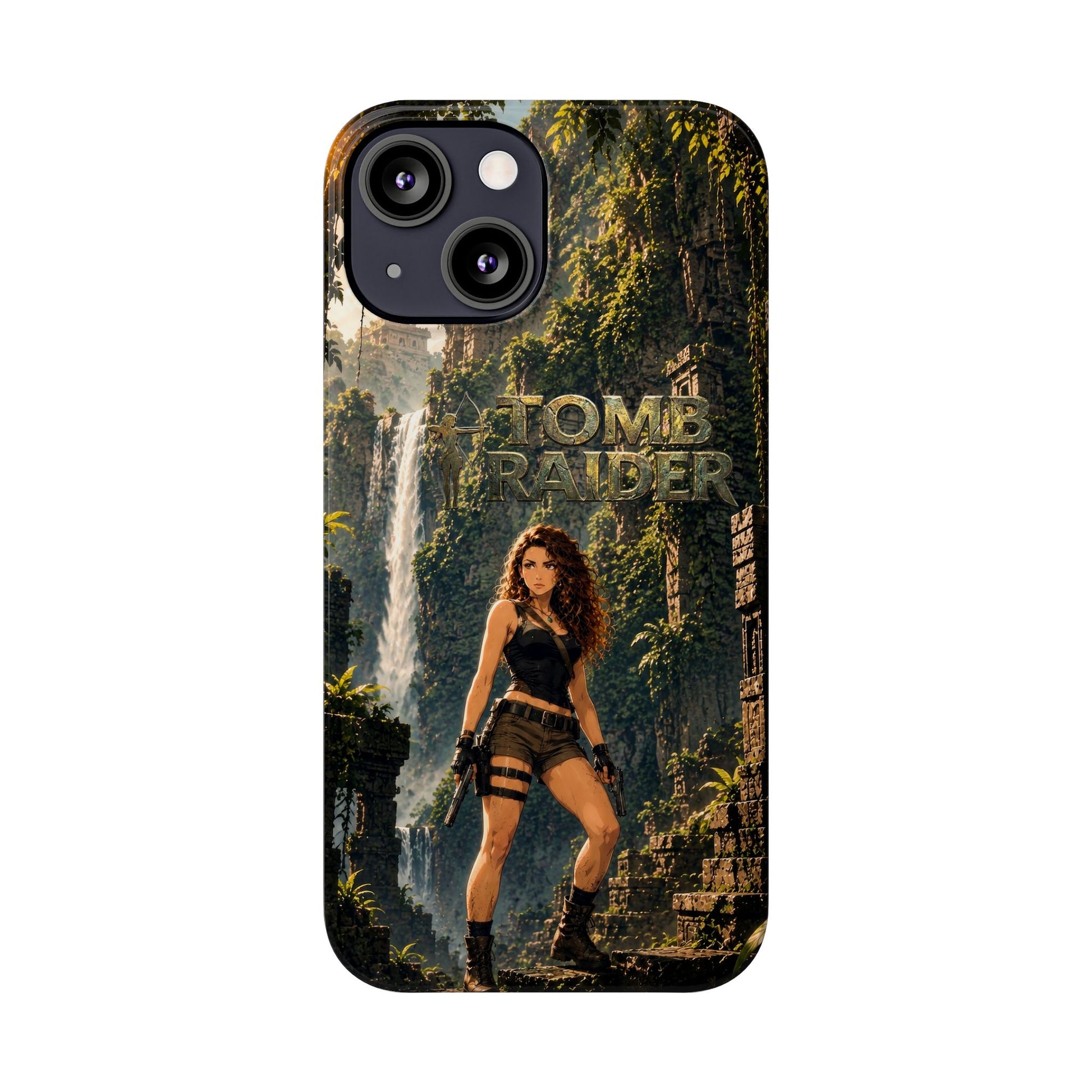 Slim phone case featuring Tomb Raider jungle waterfall scene and camera lens openings