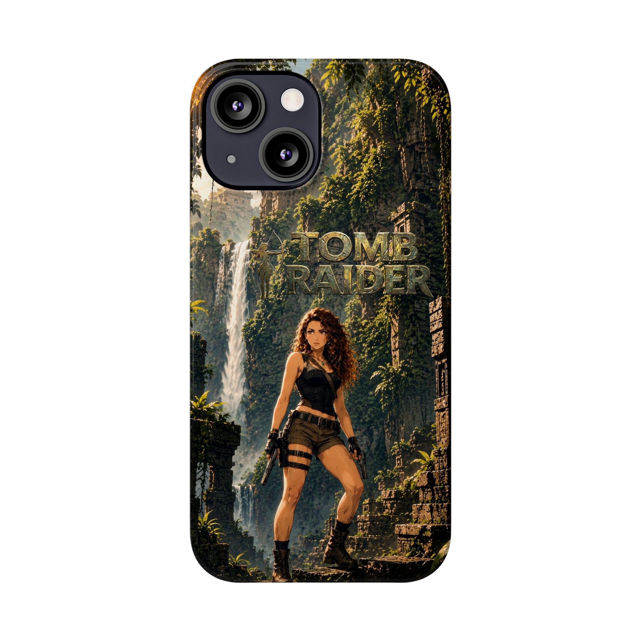 Slim phone case featuring Tomb Raider jungle waterfall scene and camera lens openings