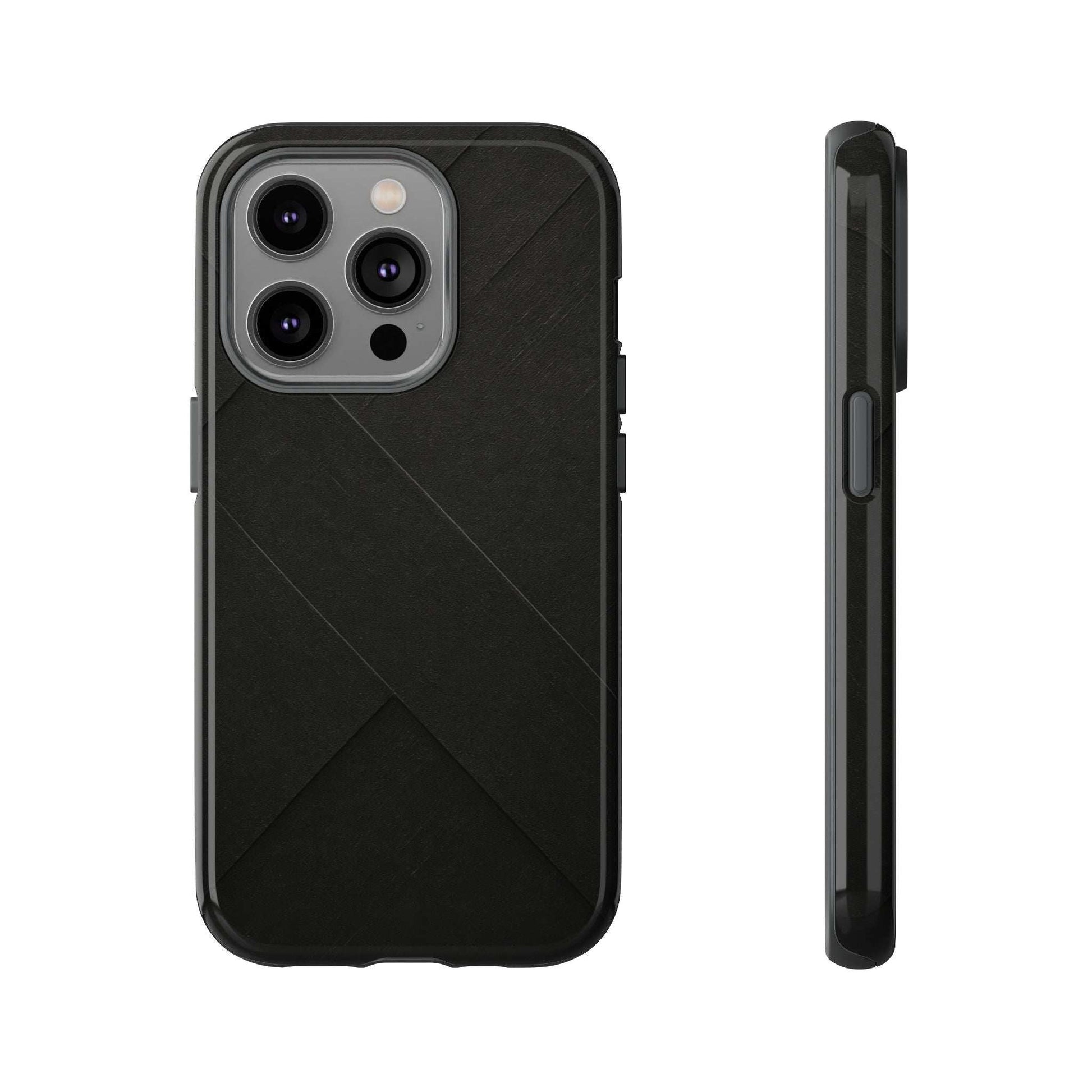 Matte black phone case with diagonal line pattern and raised quad camera cutouts