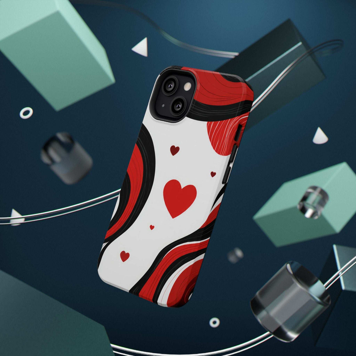 Glossy phone case with red heart motif and red-black wave swirls on white