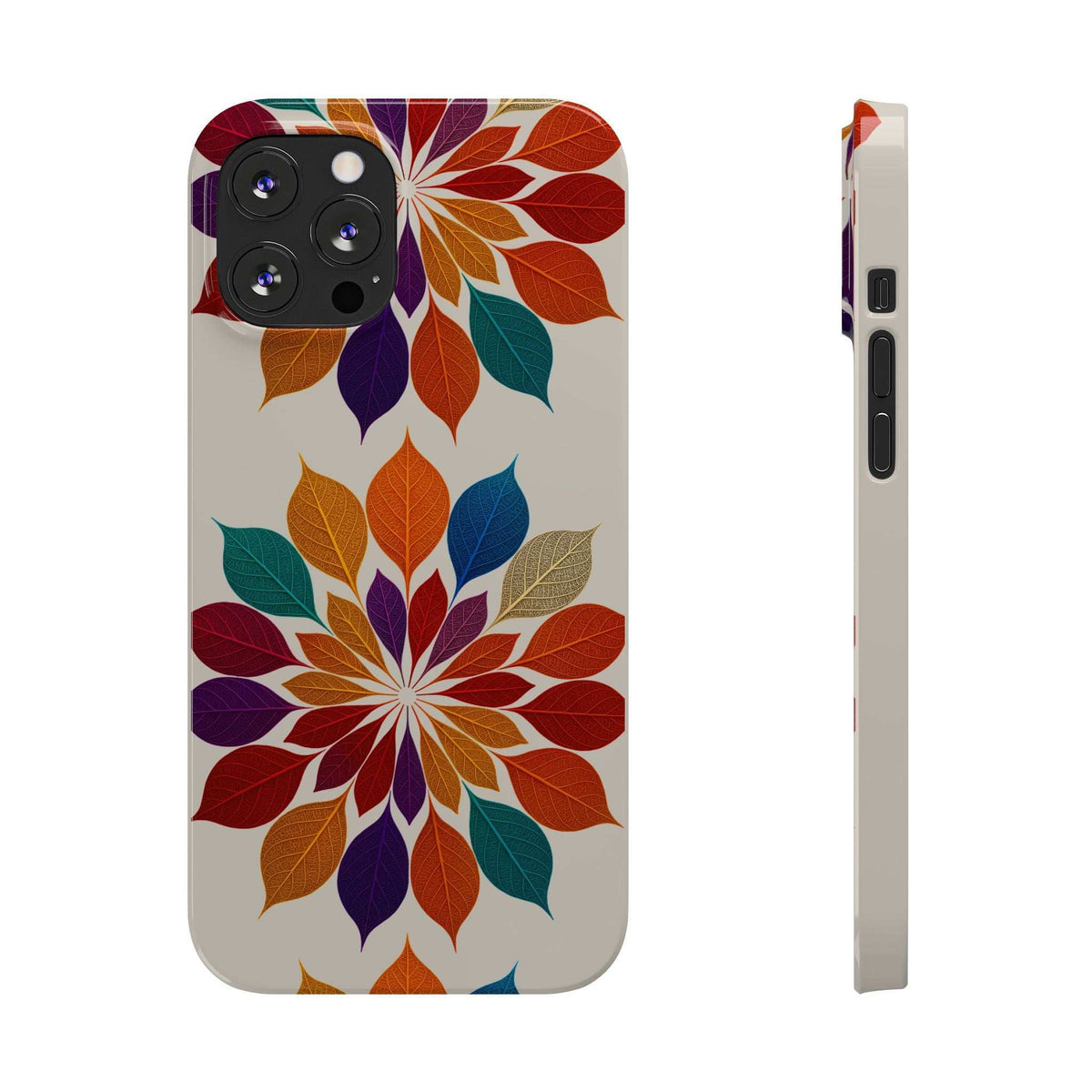 Leaf mandala phone case showing multicolor leaves pattern and side profile with buttons cutout