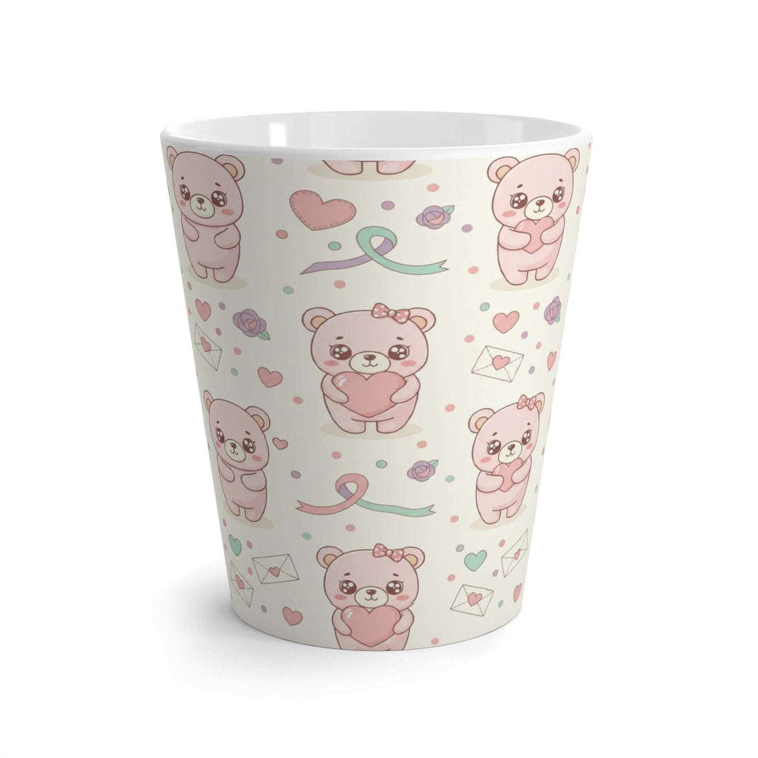 White ceramic latte mug with cute bear pattern, hearts, and ribbons
