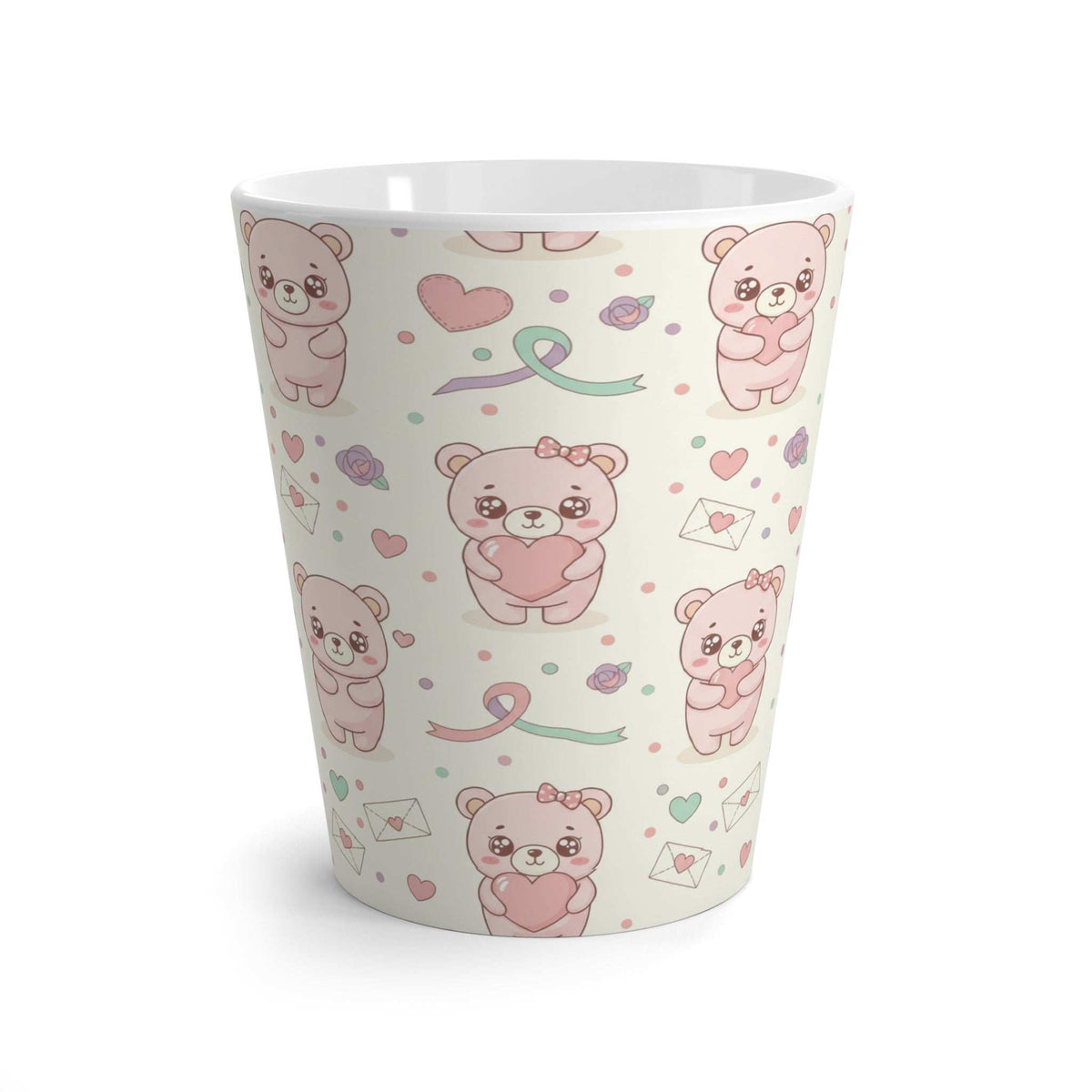 White ceramic latte mug with cute bear pattern, hearts, and ribbons