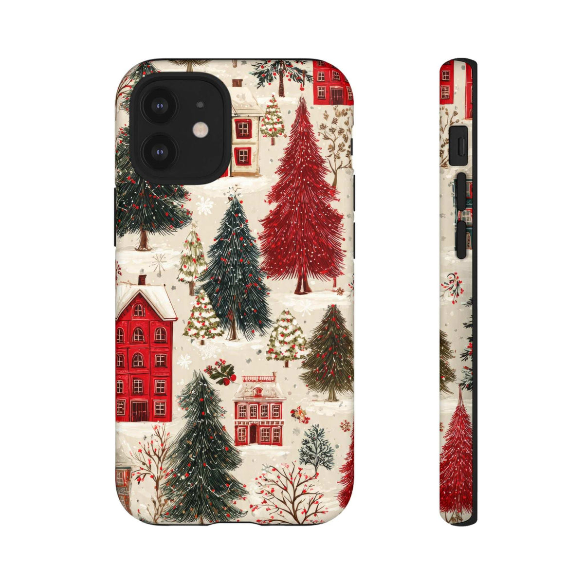 Winter village phone case with red houses and pine trees, black camera cutout, back view