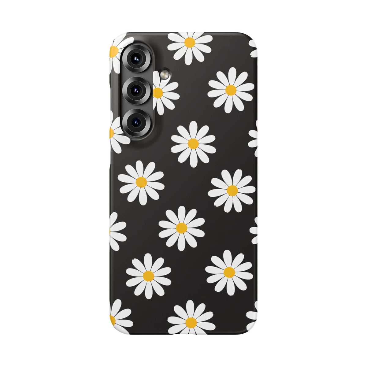 Black phone case with white daisies and yellow centers; cutouts for 3 camera lenses