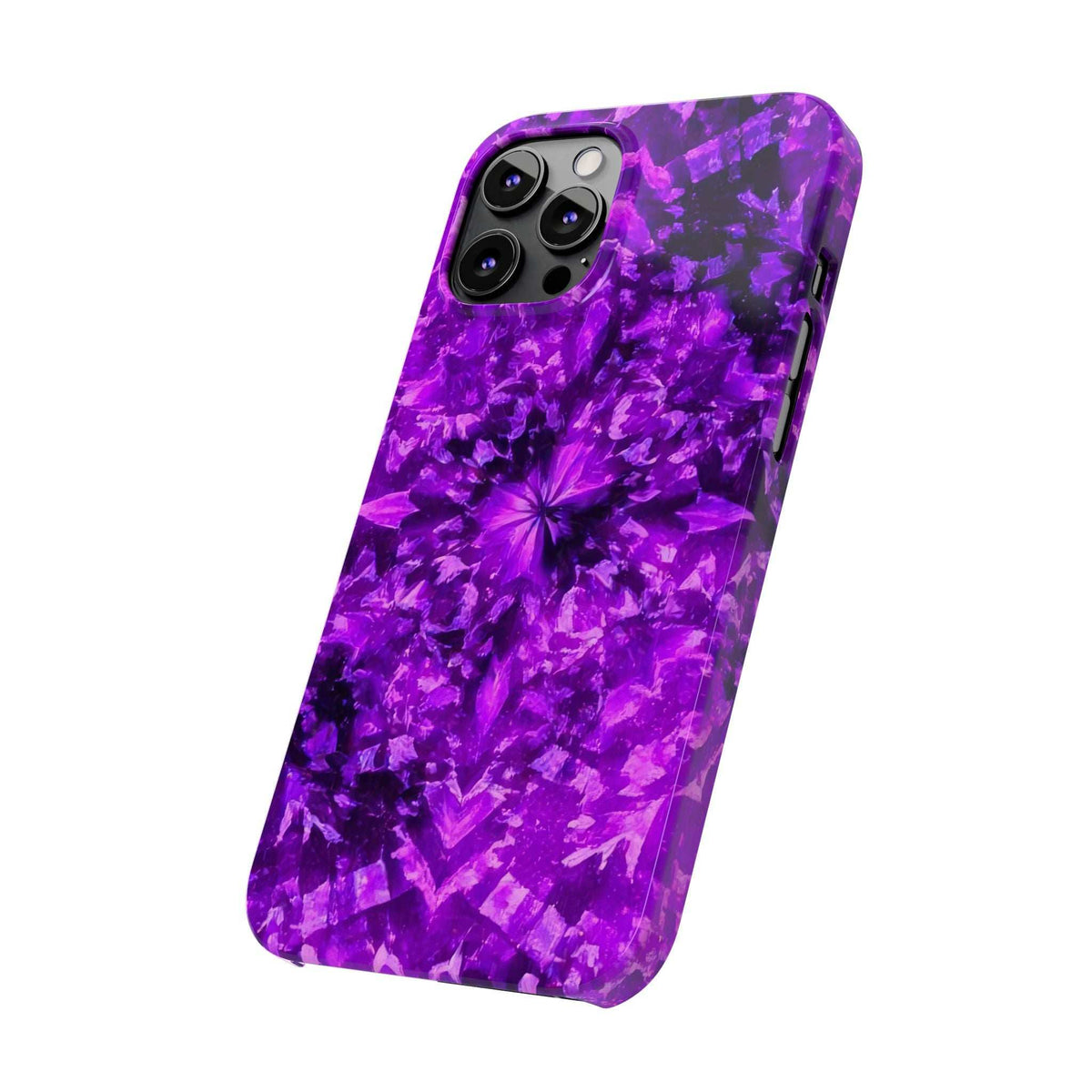 Vivid purple kaleidoscope phone case, diagonal angle with triple camera module