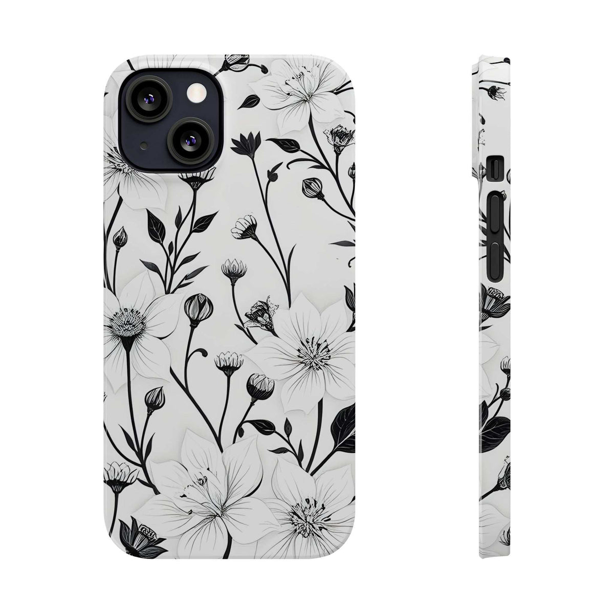 Phone case back with monochrome white flowers and stems, plus side view