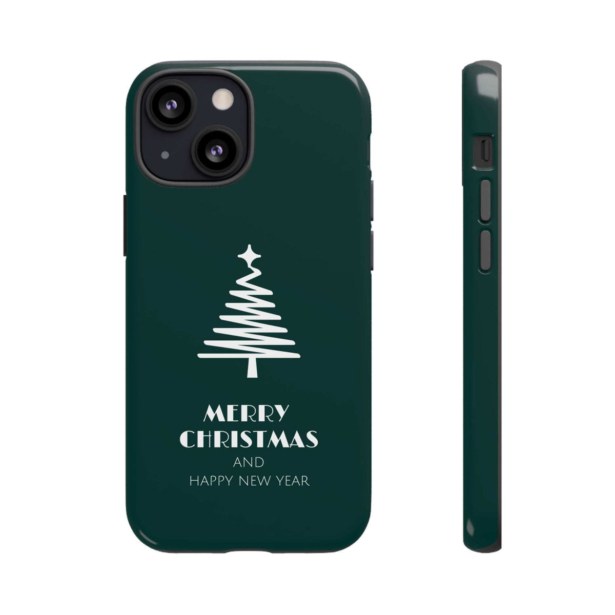 Dark green glossy phone case showing Christmas tree and "Merry Christmas" lettering