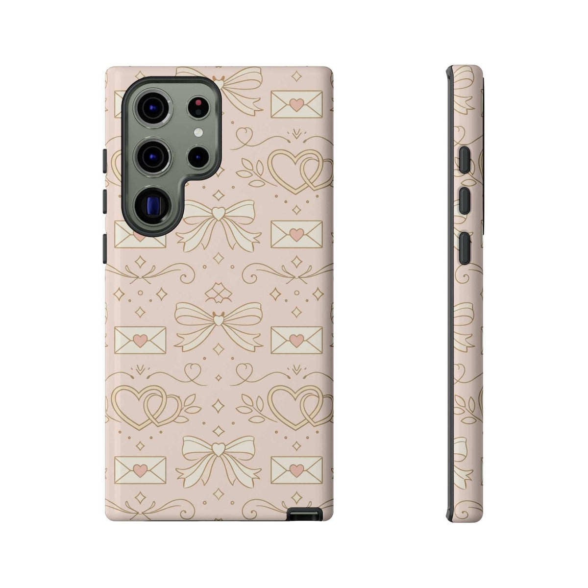 Tough phone case with pink heart and envelope doodle pattern, front and side view