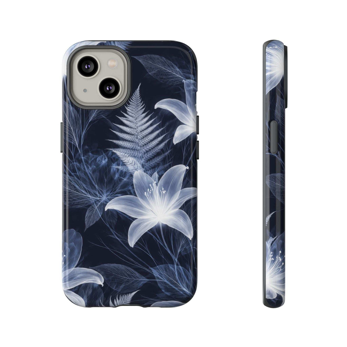 Blue floral phone case with white flower and fern pattern; camera cutouts on back.