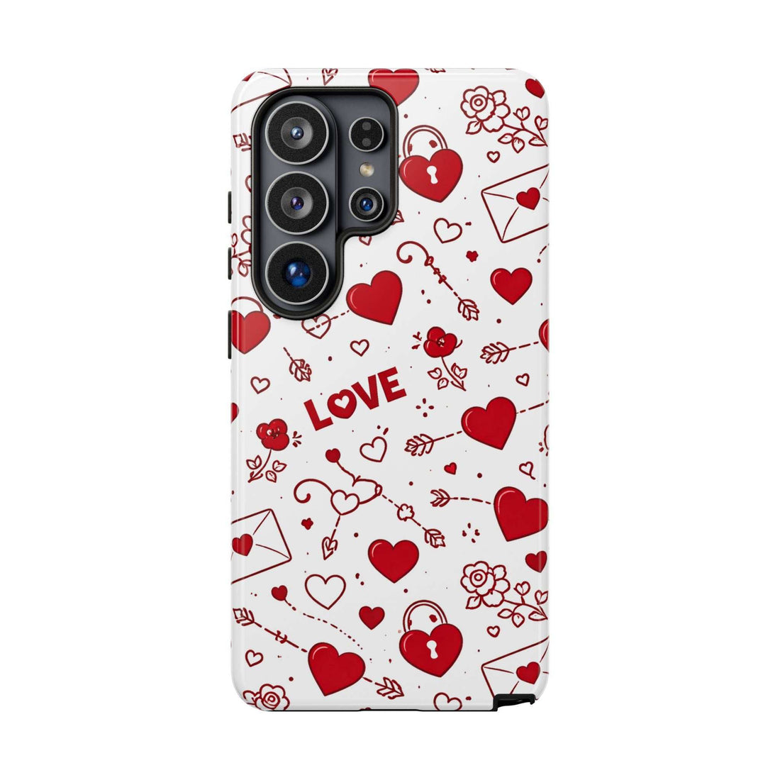 White phone case with red heart doodles and LOVE text; cutouts for rear cameras