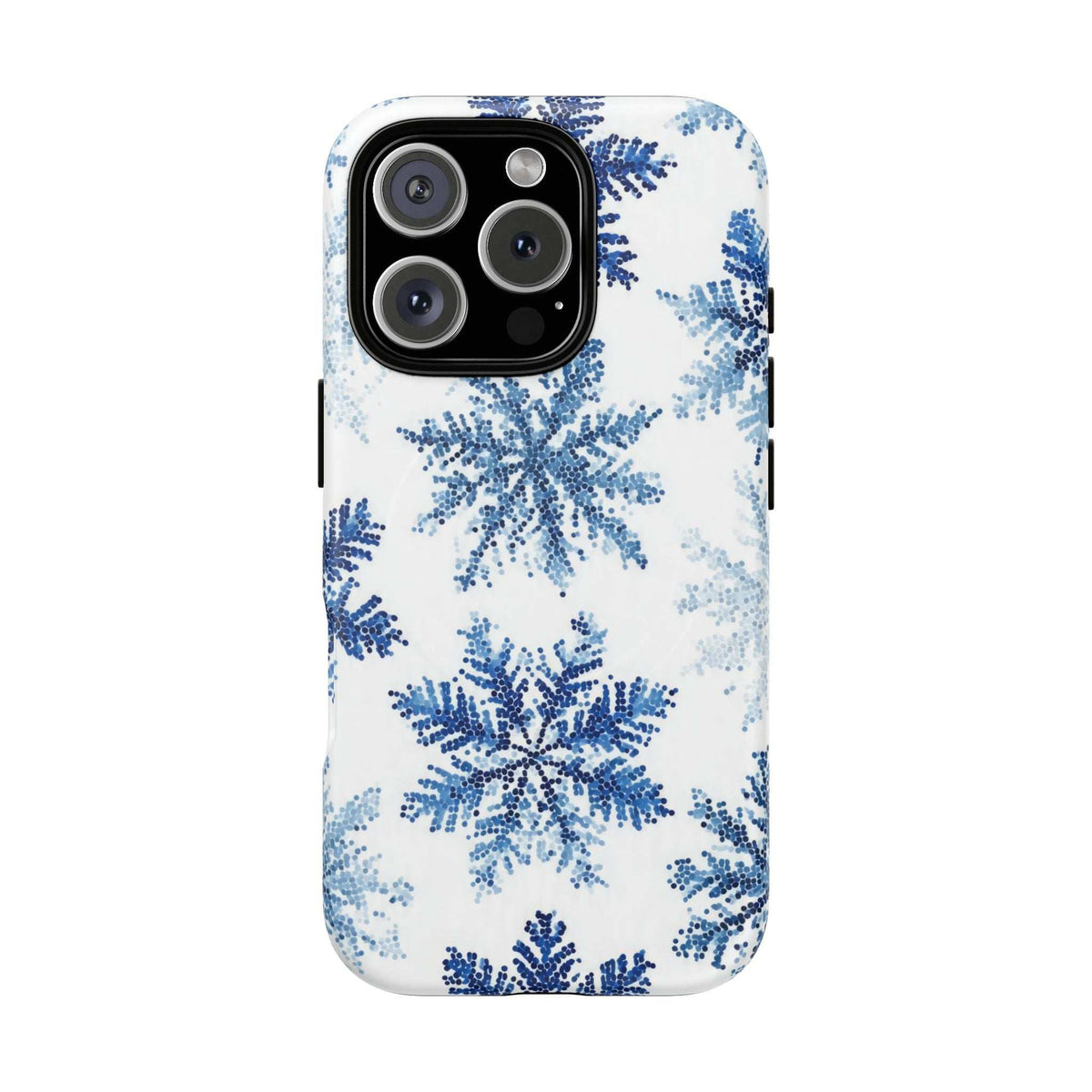 Snowflake phone case with blue crystal flakes on white, camera cutout visible
