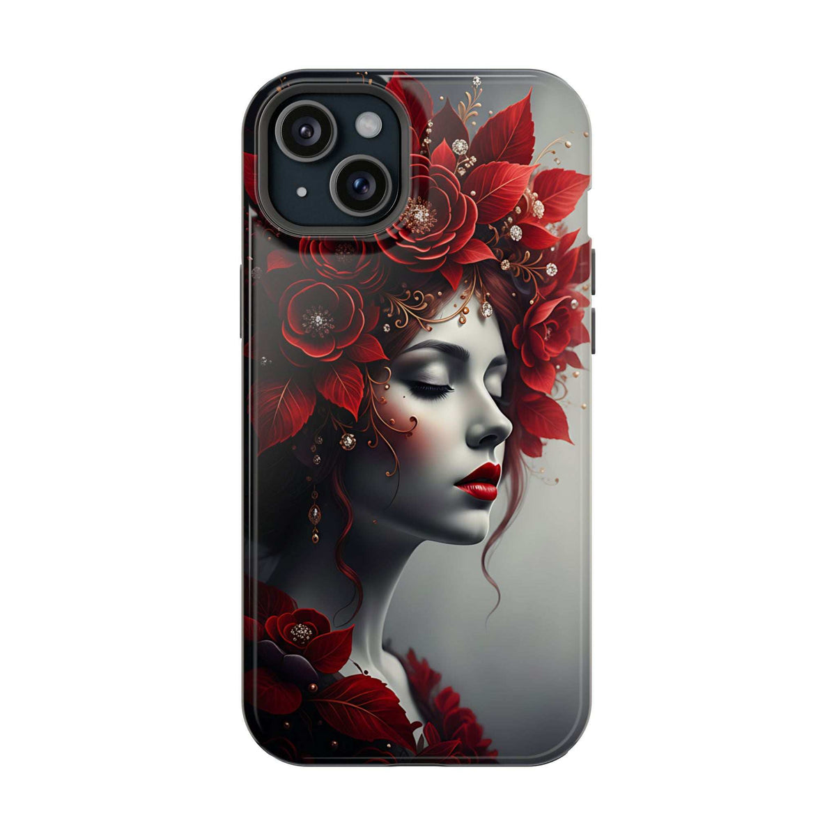 Back portrait phone case for iPhone 13-17 with red floral blooms and closed-up woman face