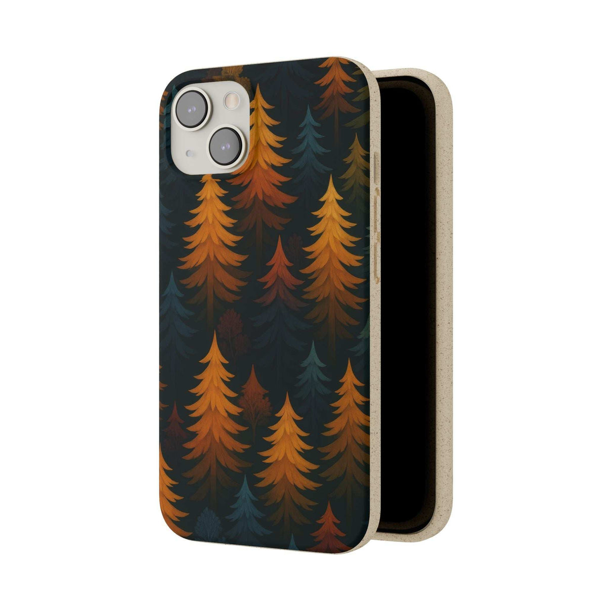 Biodegradable phone case with dark pine tree pattern, orange and teal leaves; cutout cameras