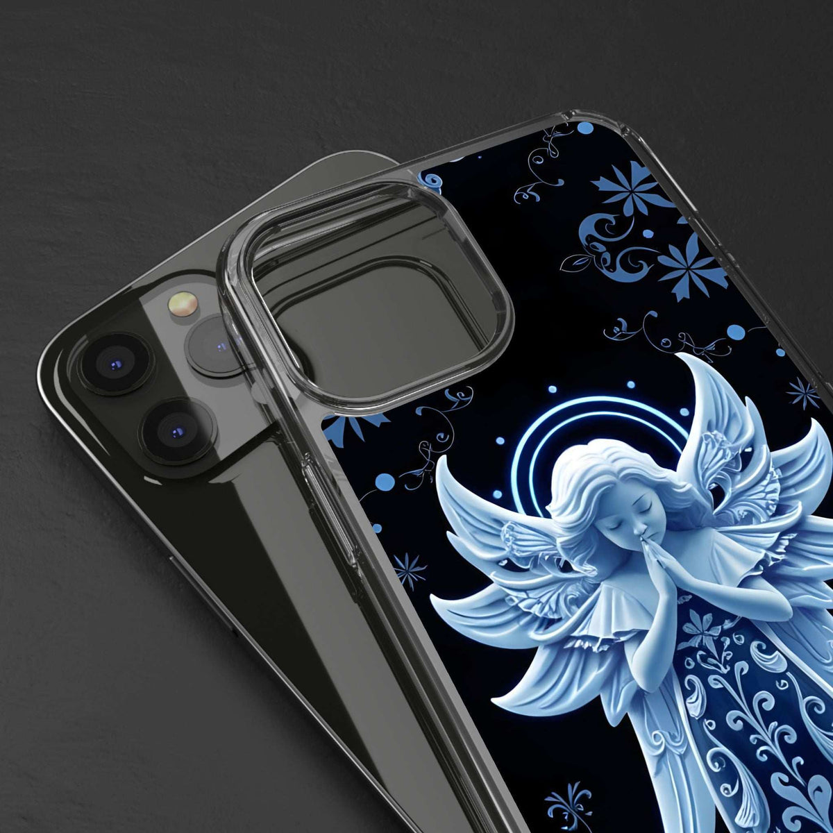 Clear-edged blue angel prayer phone case with cutout camera frame and neon halo
