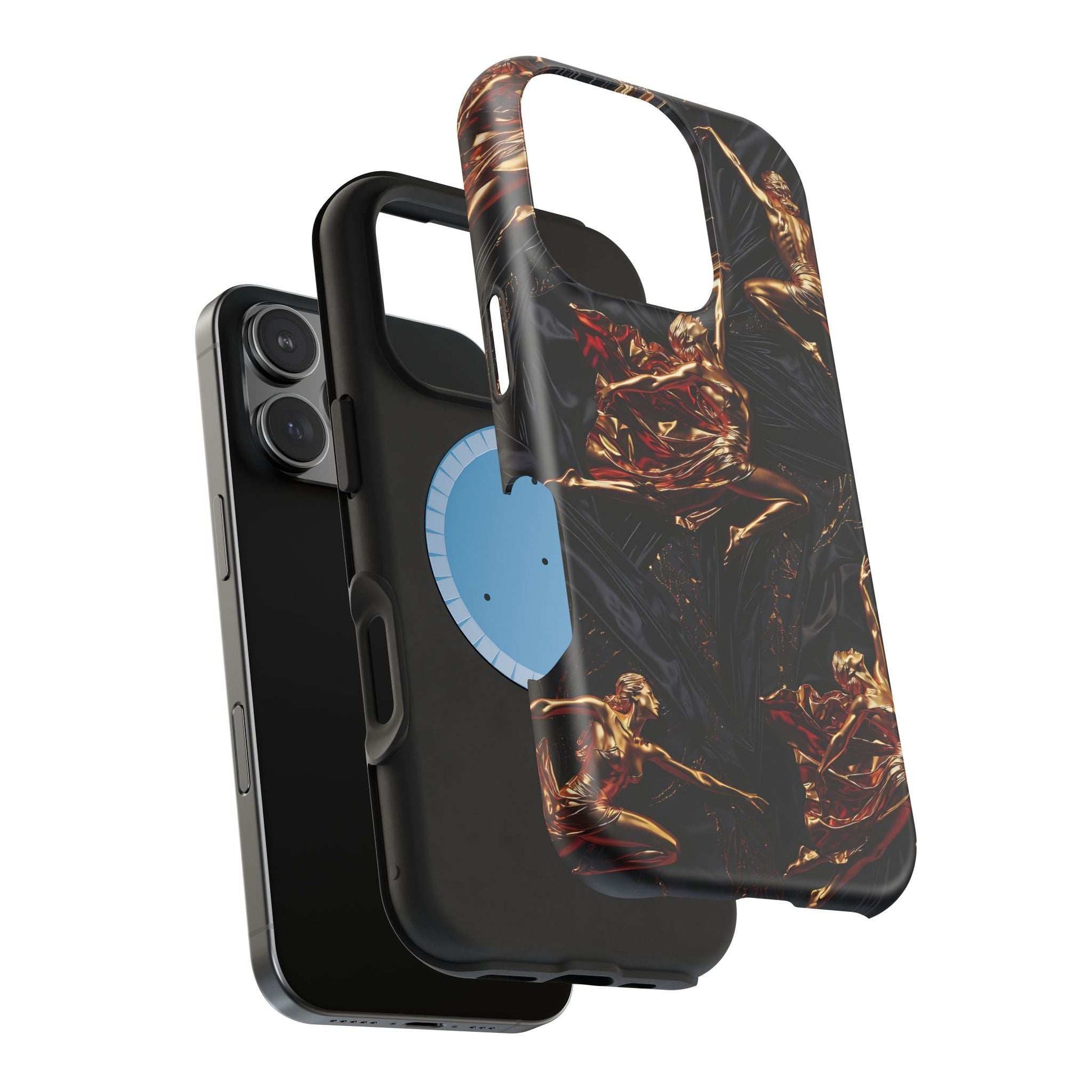 Black phone case with gold sculpted figures, raised bezel and side buttons cutouts.