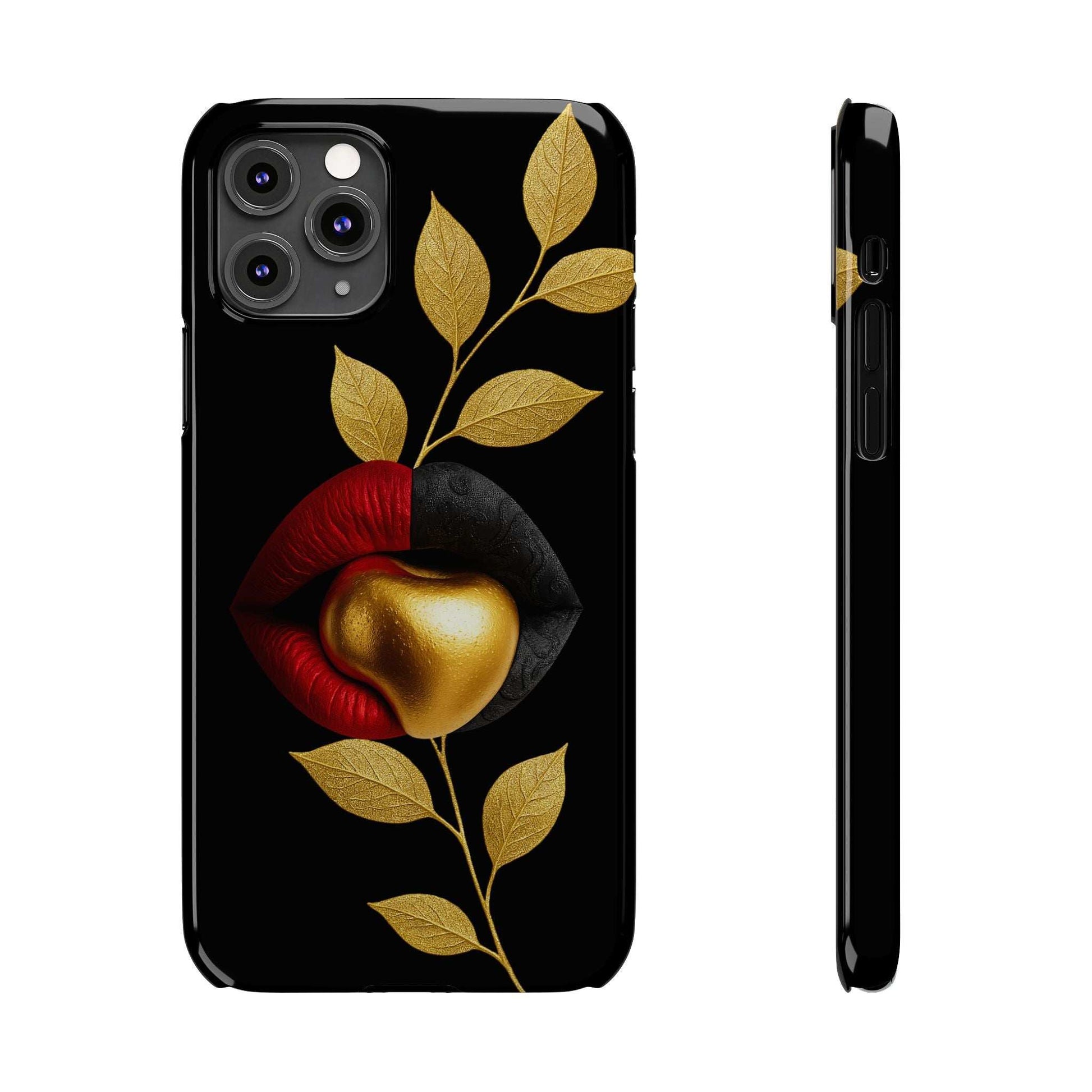 Black iPhone phone case with gold leaf branch and red-and-gold lips; side port cutouts