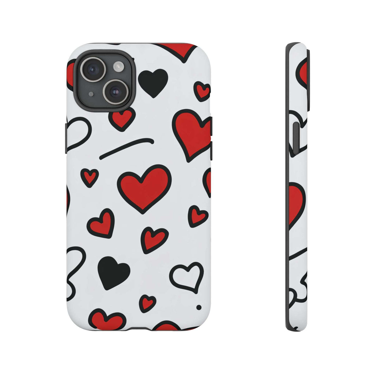 White phone case featuring scattered red and black hearts; protective edges around cameras.