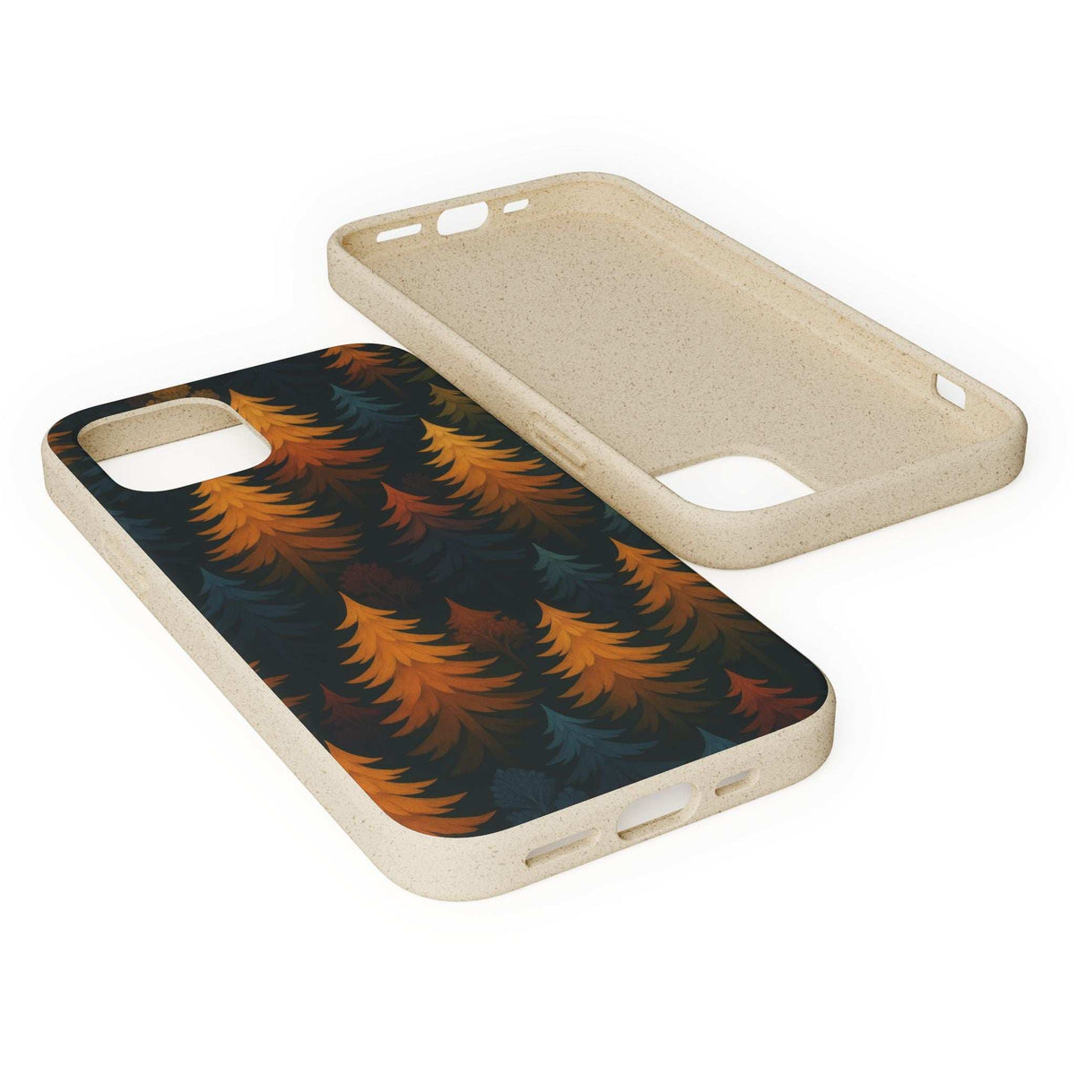Biodegradable phone case front and back with dark forest tree pattern and tan trim