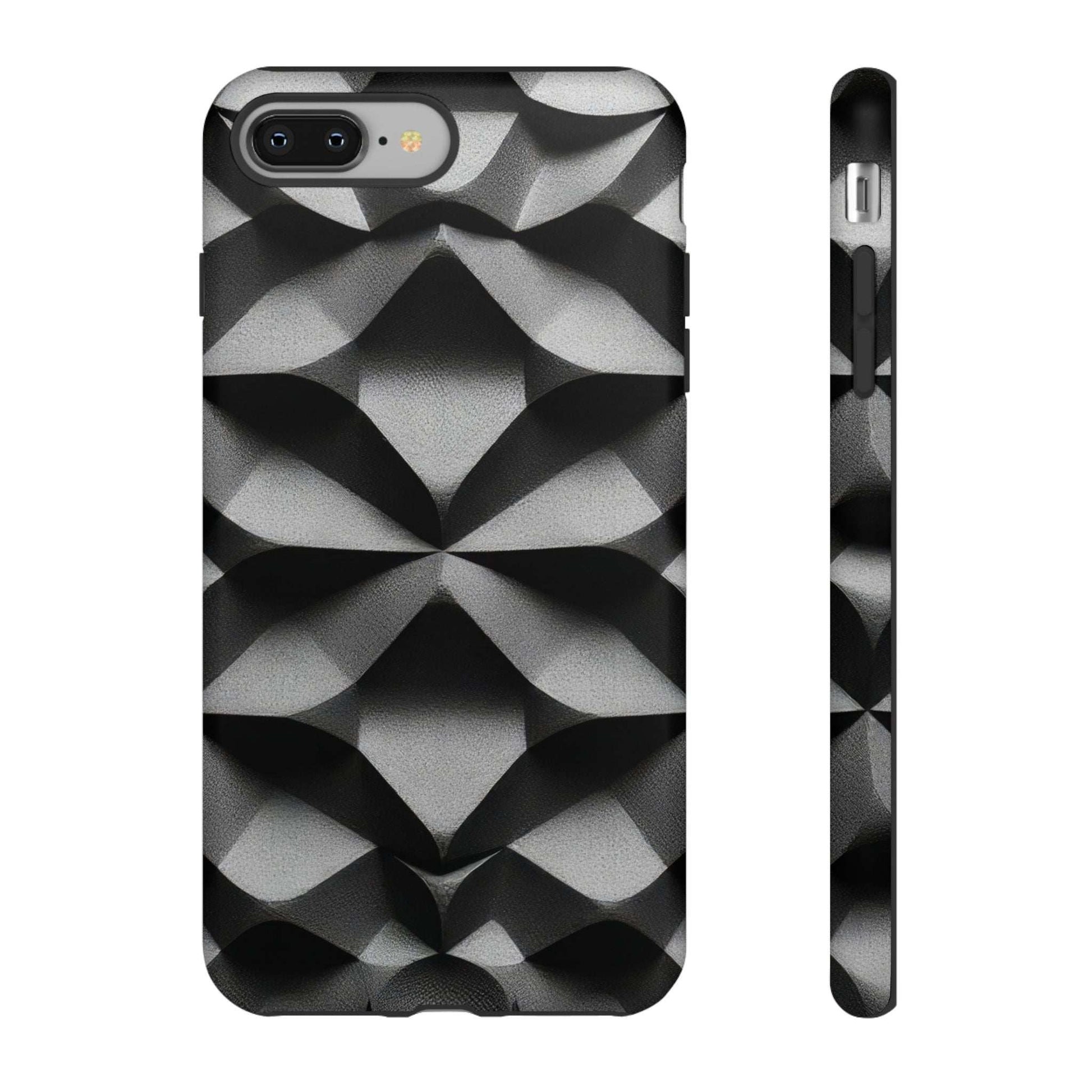 Black geometric tough phone case with silver cube-like pattern, front and side profile.
