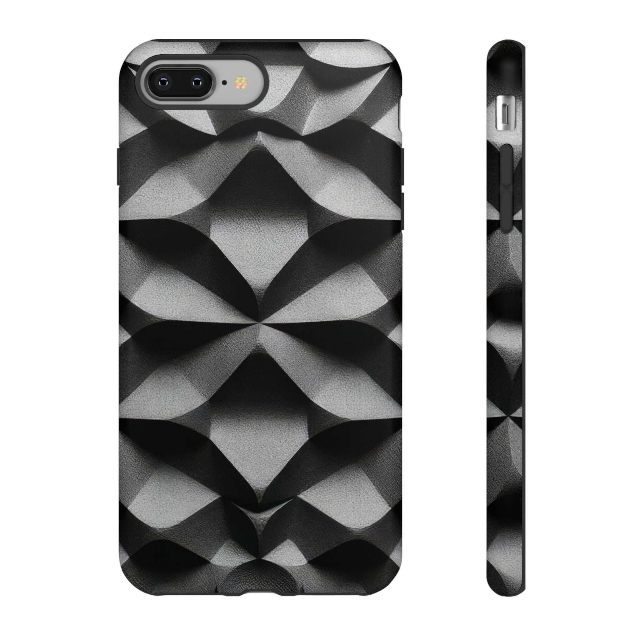Black geometric tough phone case with silver cube-like pattern, front and side profile.