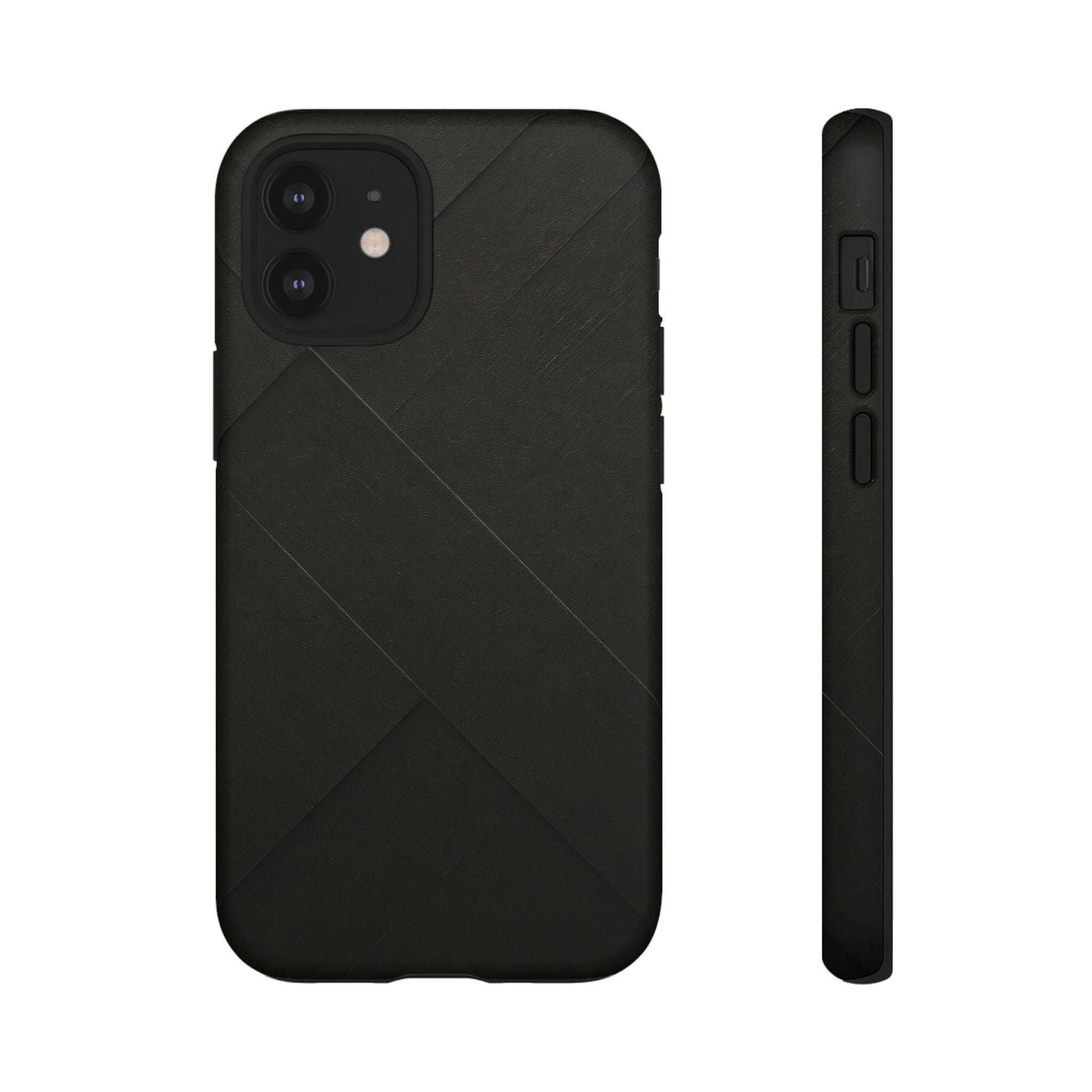 Matte black phone case with diagonal line pattern and side button openings