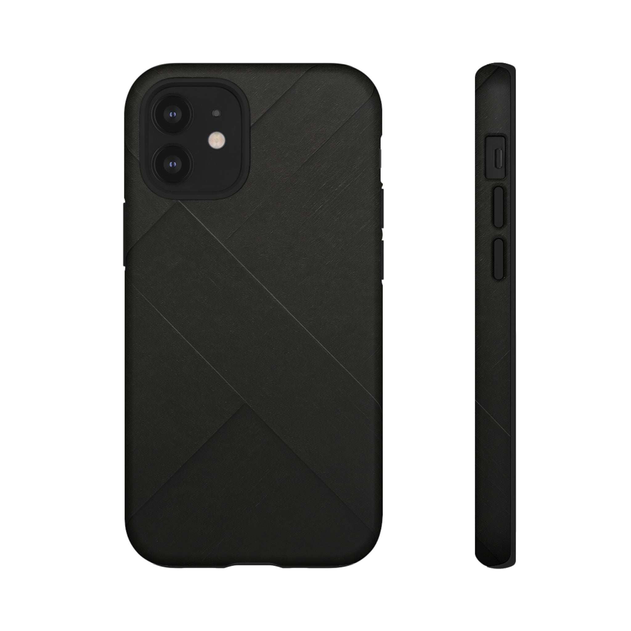Matte black phone case with diagonal line pattern and side button openings