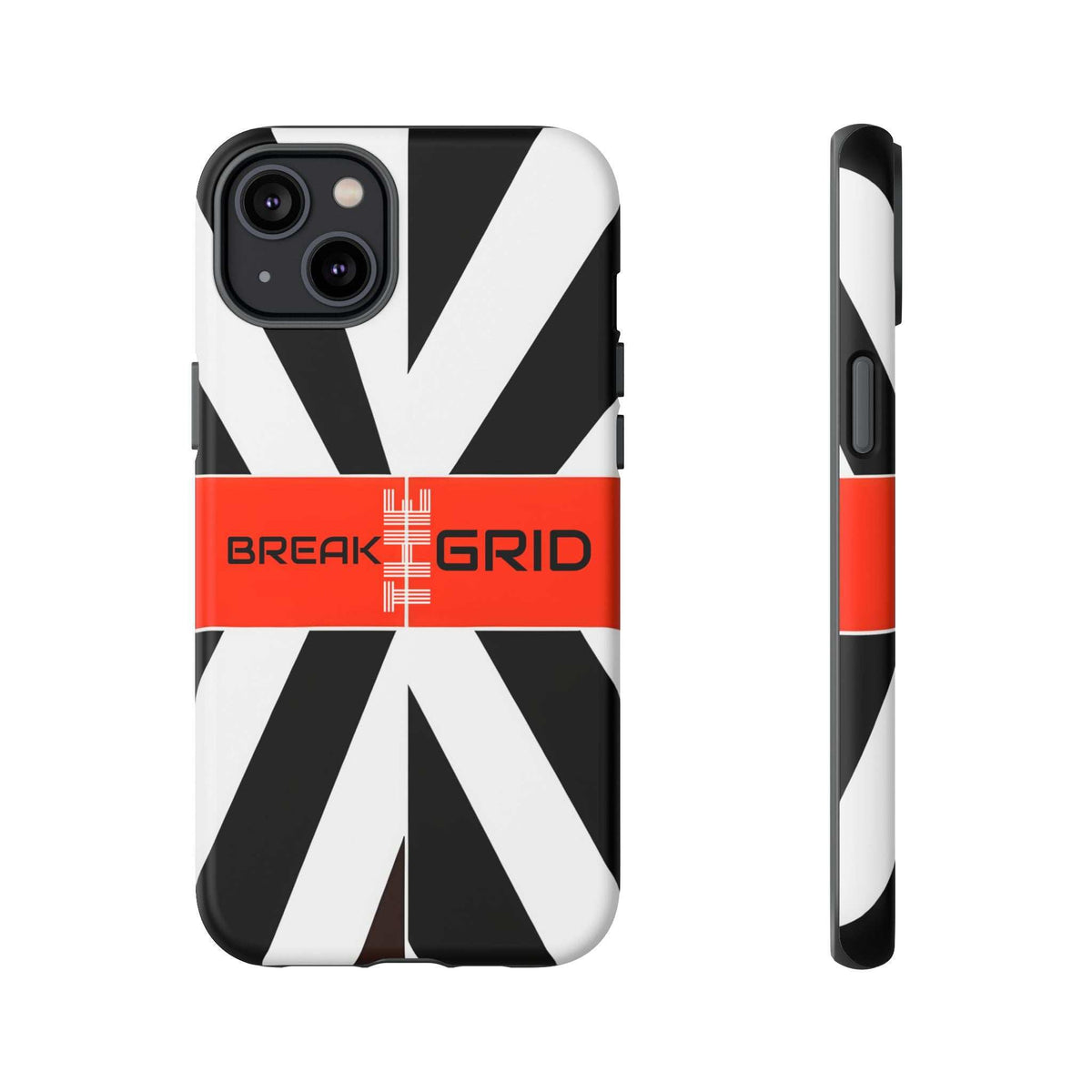 Phone case with black-and-white geometric stripes, red "Break Grid" band, front and side view.