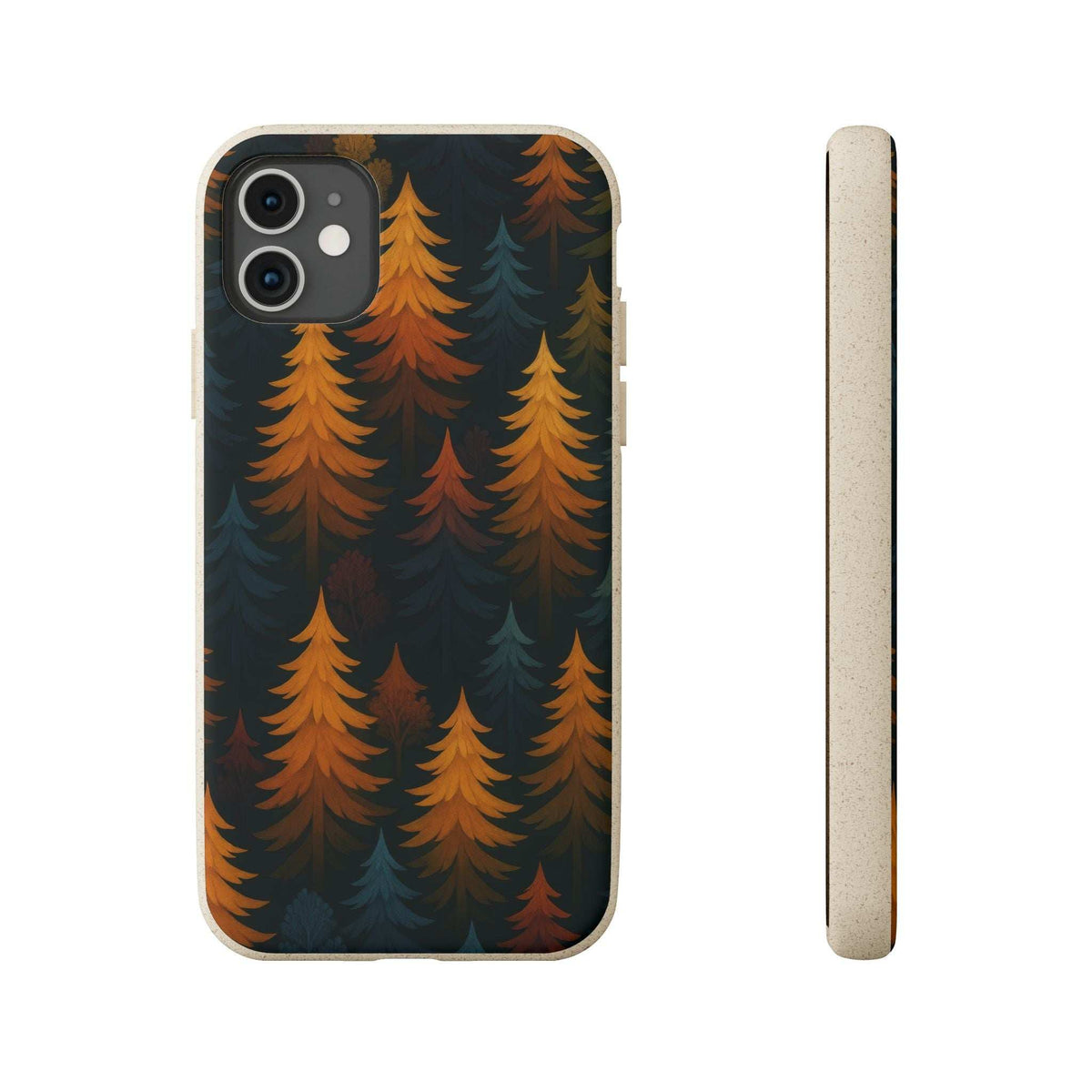 Biodegradable phone case with dark blue forest trees and orange leaf shapes; camera cutout