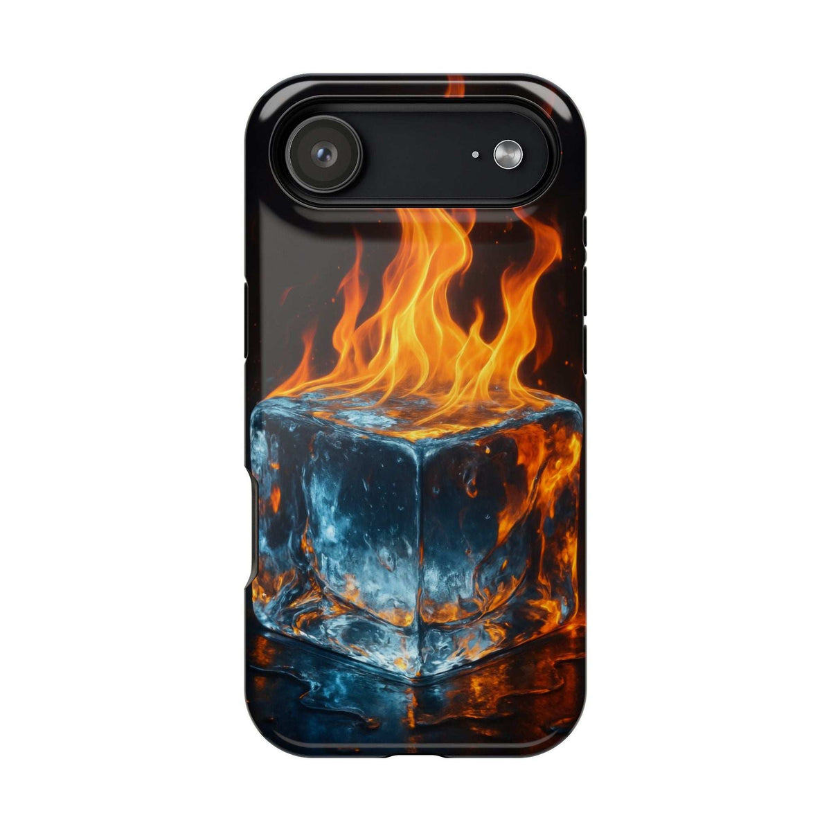 Flame ice phone case with orange fire and blue ice skull artwork, top camera cover cutouts
