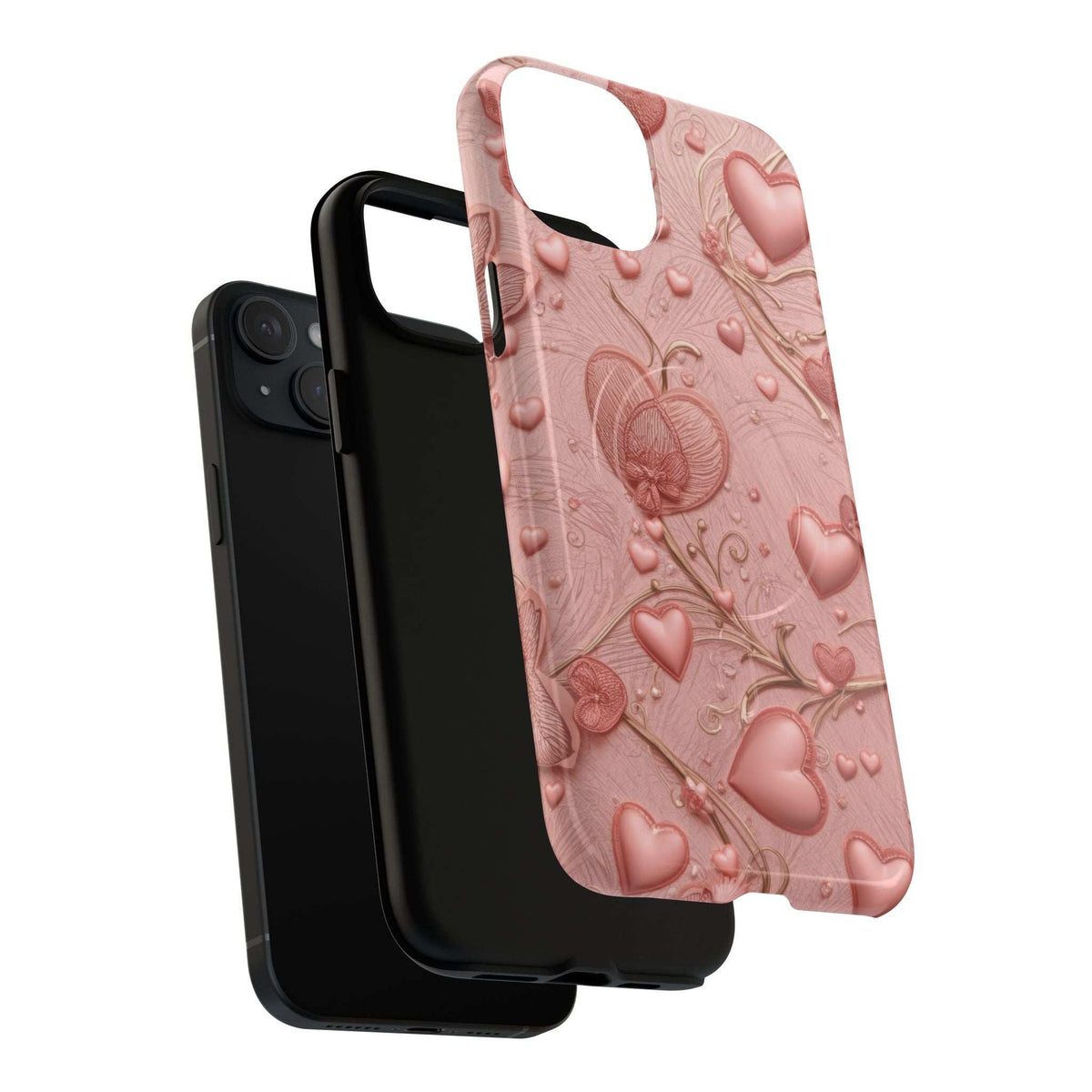 Pink phone case featuring raised hearts, floral vines, and an open camera/flash area