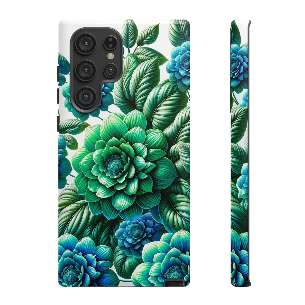 Green and blue floral phone case with triple camera openings, front and side views.