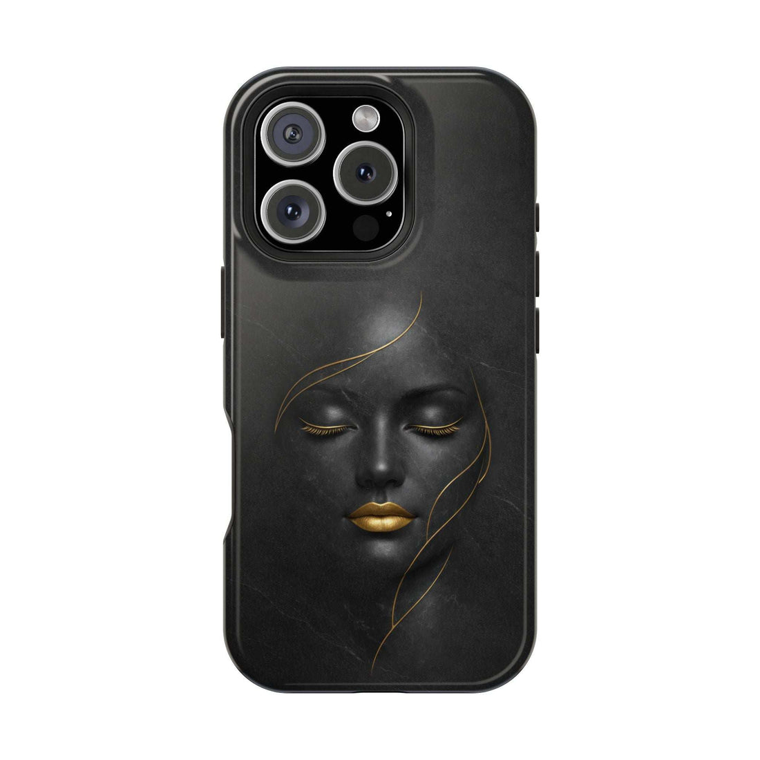 Black phone case with gold face artwork and front camera cutouts in a dark frame.