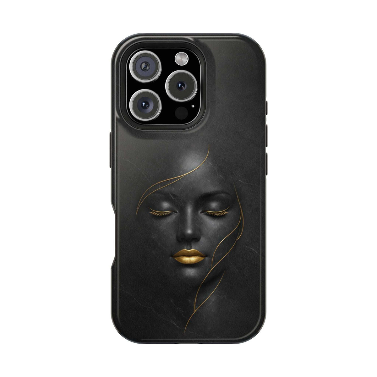 Black smartphone case with gold face illustration and cutouts for camera and flash