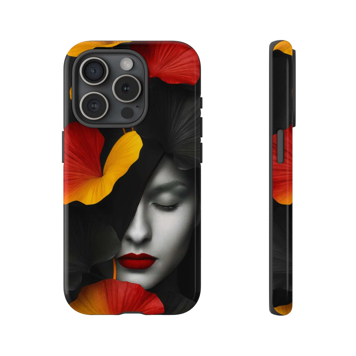 Glossy black phone case with red and yellow floral face artwork, raised camera cutouts