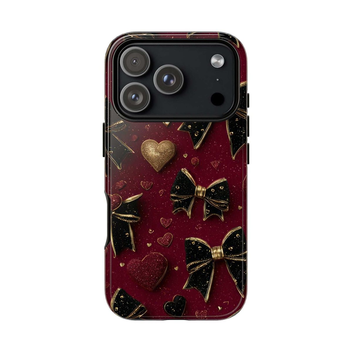 Valentine charm phone case back with multiple camera openings; burgundy hearts and gold bows