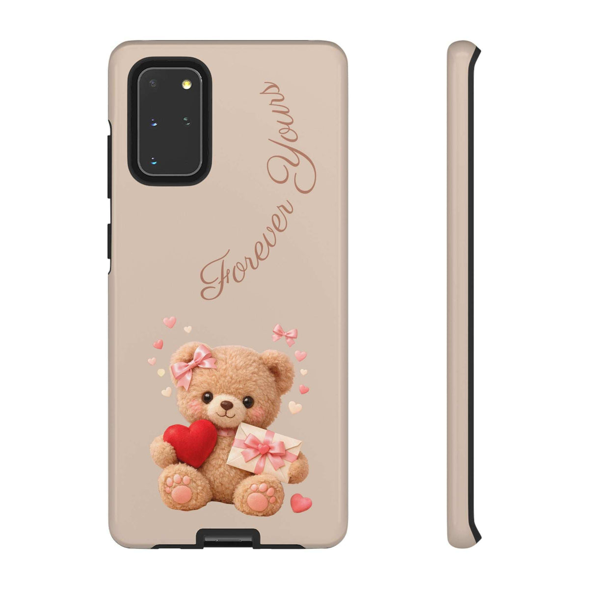 Beige phone case with teddy bear holding a red heart and gift, multi-camera cutout