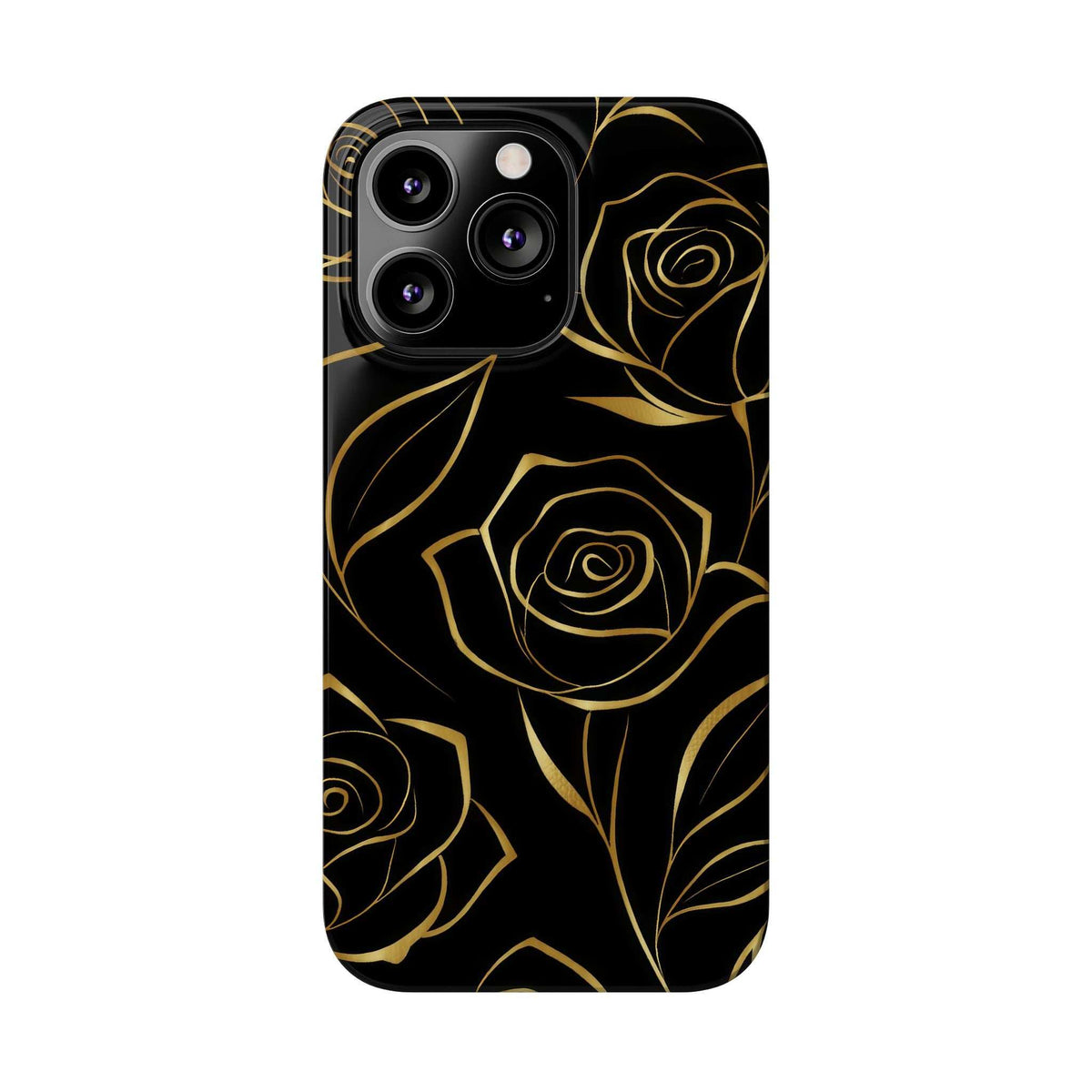 Black phone case with gold rose outline pattern and four-lens camera cutouts