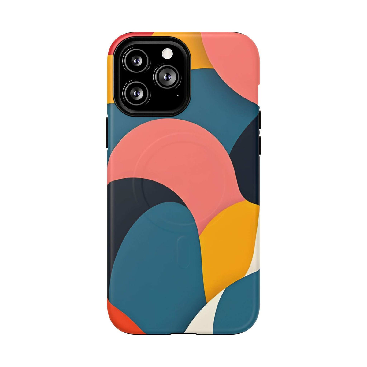Colorful abstract art iPhone 13-17 phone case with camera module and colorful curved shapes