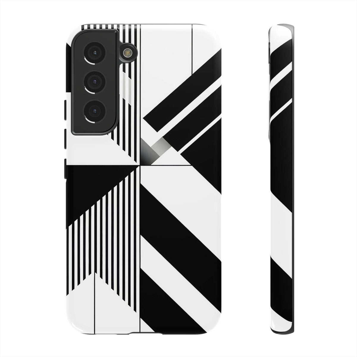 Tough phone case with black-and-white geometric pattern and camera openings on back.