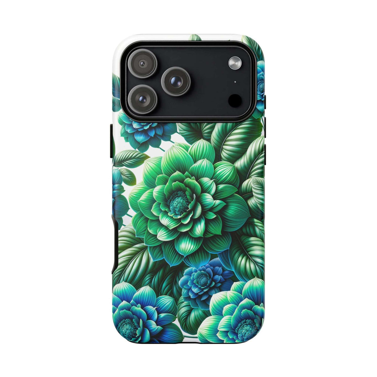 Floral phone case with green and blue leaves and flowers, side buttons and camera cutout
