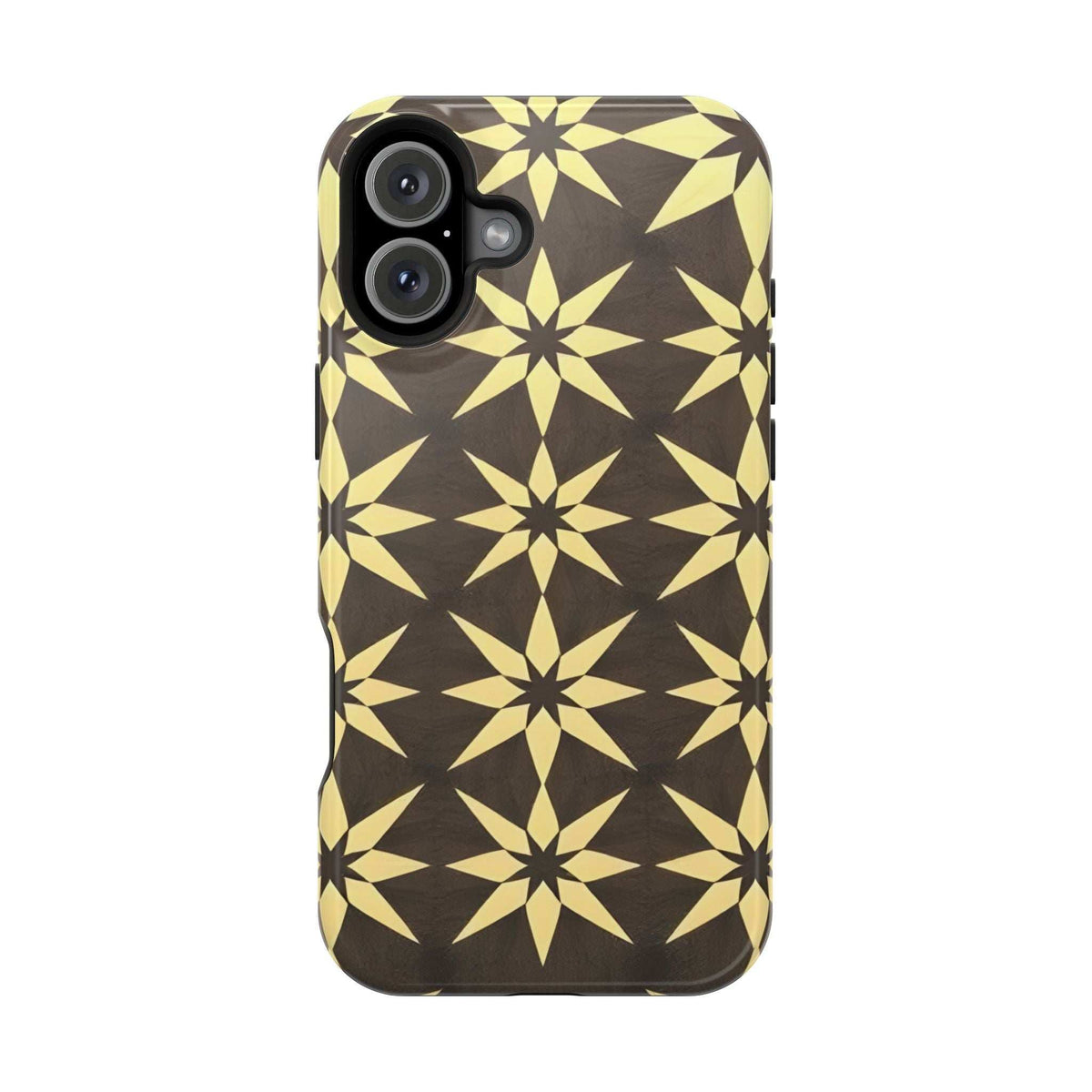 Phone case with black-and-gold star geometric pattern, camera cutouts on top