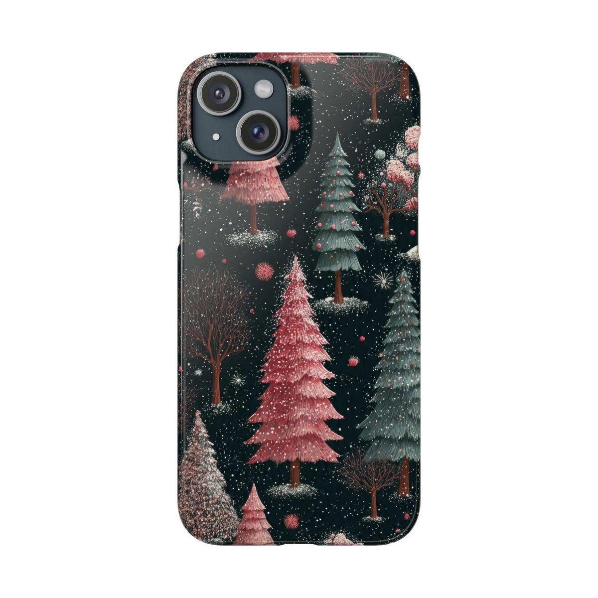 Glossy phone case with dark winter forest and pink Christmas trees pattern