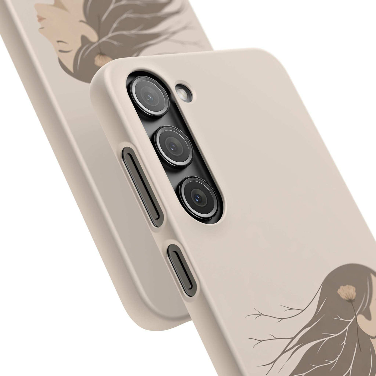 Cream phone case angled view with woman profile line art, flower detail, and camera cutouts