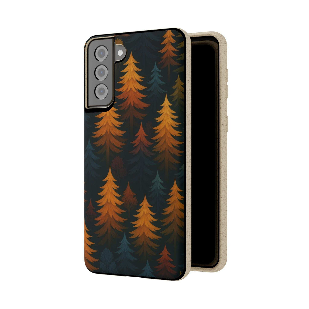 Biodegradable phone case showing forest tree pattern and camera cutouts with tan edge