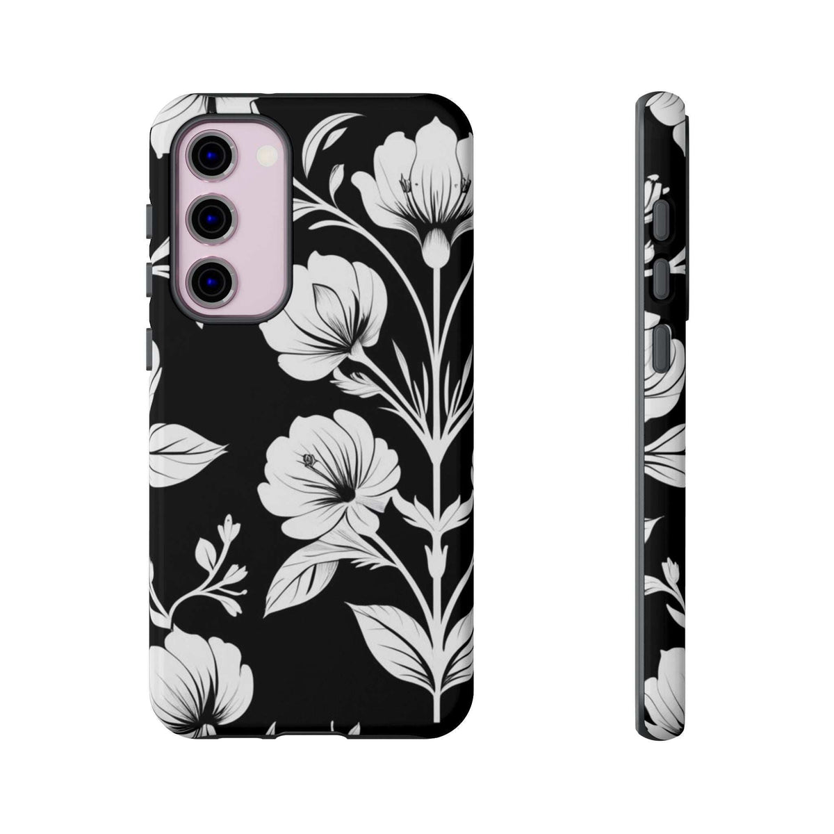 Black floral phone case with white blossoms; side profile and camera cutouts shown.
